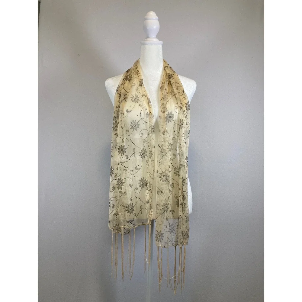 Boho‎ Romantic Unbranded Womens OS Cream Black Floral Sheer Fringed Sequin Scarf